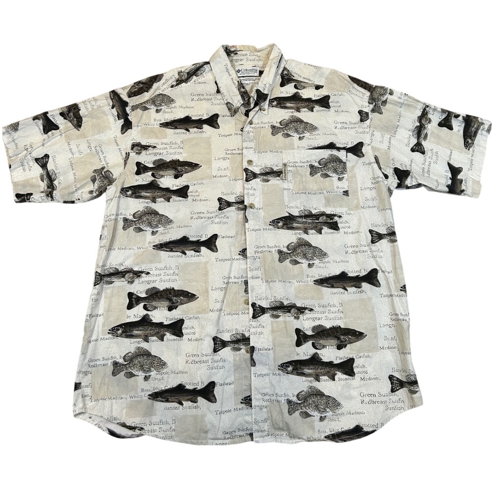 VTG Columbia Novelty Fishing Fish Cotton Short Sleeve Button Up Shirt‎ Mens XL